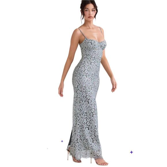 House Off CB KATJA Silver Metallic Lace Corset Dress Size Large Plus Cup - Picture 8 of 15